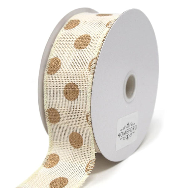 Gold Polka Dots Faux Burlap Wired Ribbon, Ivory, 1-1/2-Inch, 10 Yards