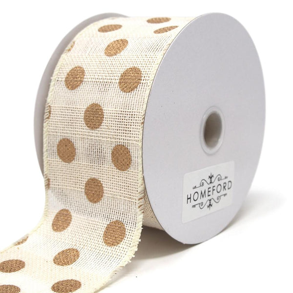Gold Polka Dots Faux Burlap Wired Ribbon, Ivory, 2-1/2-Inch, 10 Yards
