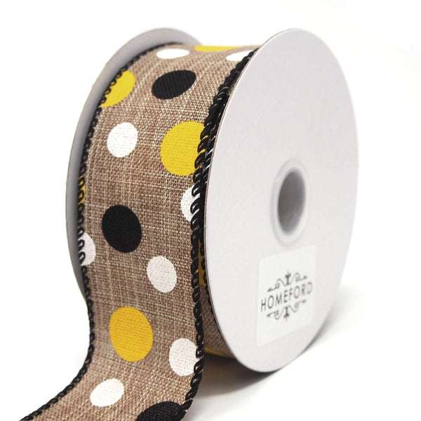 Polka Dots Natural Linen Ribbon Wired Edge, Yellow/Black/White, 1-1/2-Inch, 10 Yards