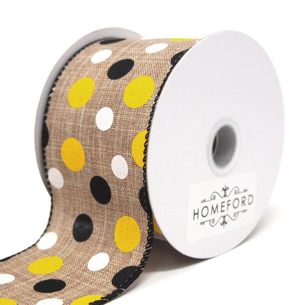 Polka Dots Natural Linen Ribbon Wired Edge, Yellow/Black/White, 2-1/2-Inch, 10 Yards