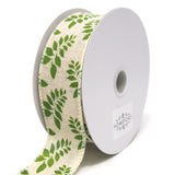 Fern Leaves Print Ivory Canvas Ribbon, 10 Yards