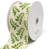 Fern Leaves Print Ivory Canvas Ribbon, 10 Yards