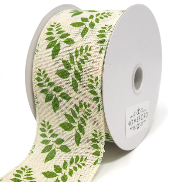 Fern Leaves Print Ivory Canvas Ribbon, 2-1/2-Inch, 10 Yards