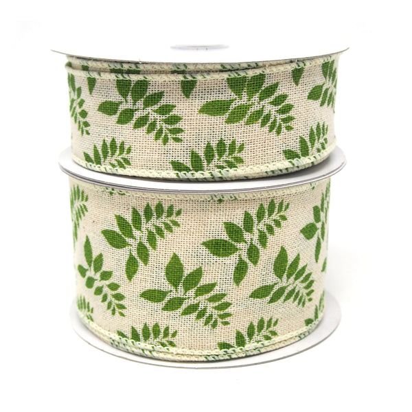 Fern Leaves Print Ivory Canvas Ribbon, 10 Yards