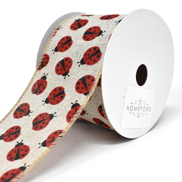 Red Lady Bugs Wired Linen Ribbon, 2-1/2-Inch, 10-Yard, Tan