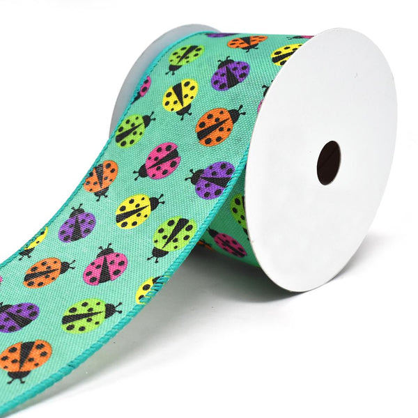 Vibrant Colored Lady Bugs Wired Linen Ribbon, 2-1/2-Inch, 10-Yard, Teal