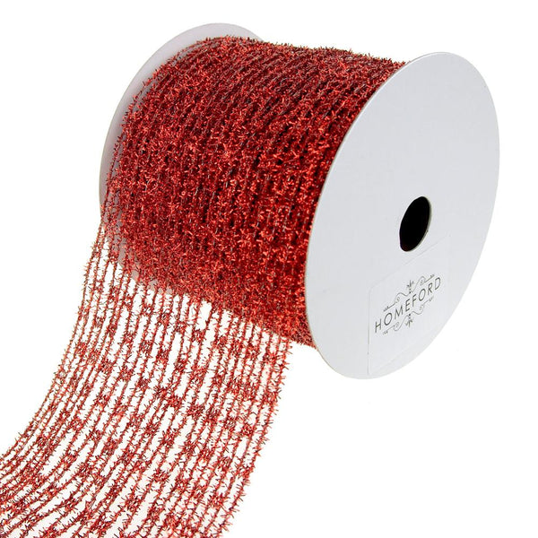 Metallic Tinsel Wired Diamond Netting Mesh Christmas Ribbon, Red, 4-Inch, 10 Yards