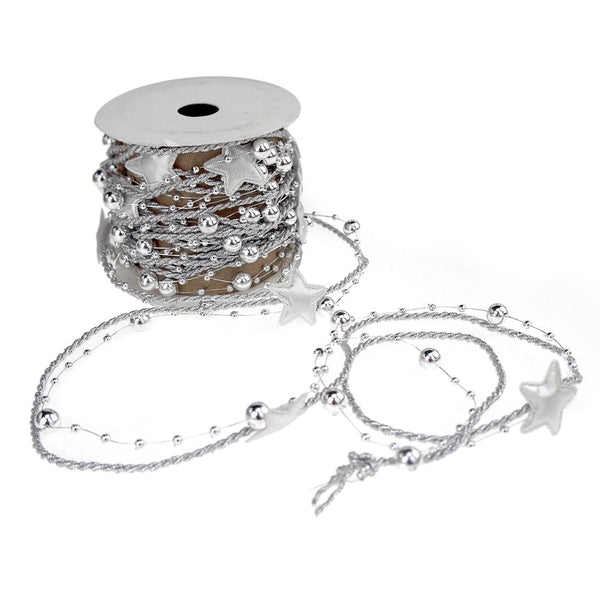 Metallic Twine Bead and Ribbon Christmas Garland with Puffy Star Cutout, Silver, 5 yards