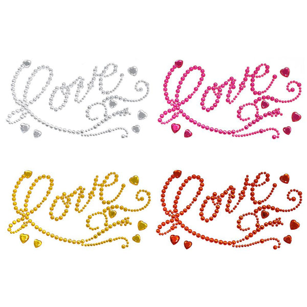 Flourished 'Love' Script and Hearts Rhinestone Stickers, 7-Inch, 6-Piece