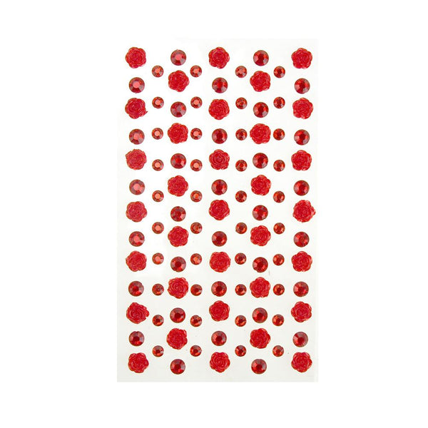 Rose and Flatback Gem Adhesive Rhinestone Stickers, Red, 105-Piece
