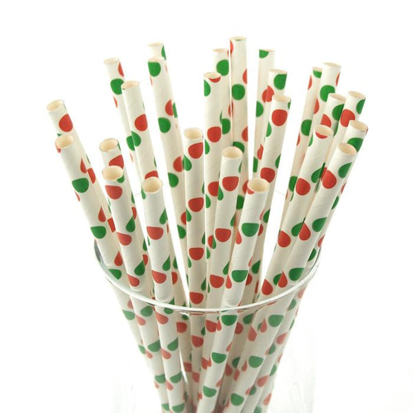 Large Dots Paper Straws, 7-3/4-inch, 25-pack, Red/Green/White