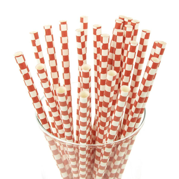 Race Car Checkered Paper Straws, 7-3/4-Inch, 25-Piece, Red
