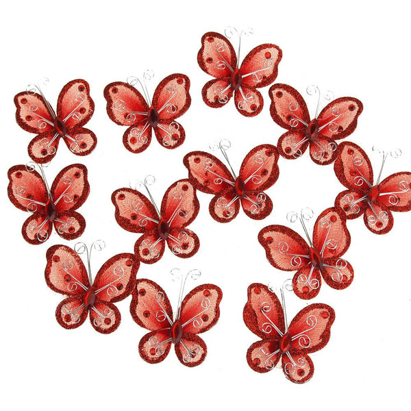 Organza Nylon Glitter Butterflies, 2-inch, 12-Piece, Red