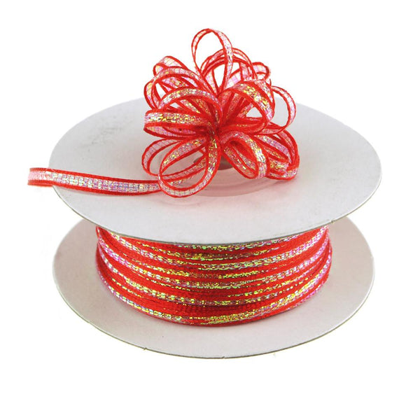 Iridescent Pull Bow Christmas Ribbon, 1/8-Inch, 50 Yards, Red