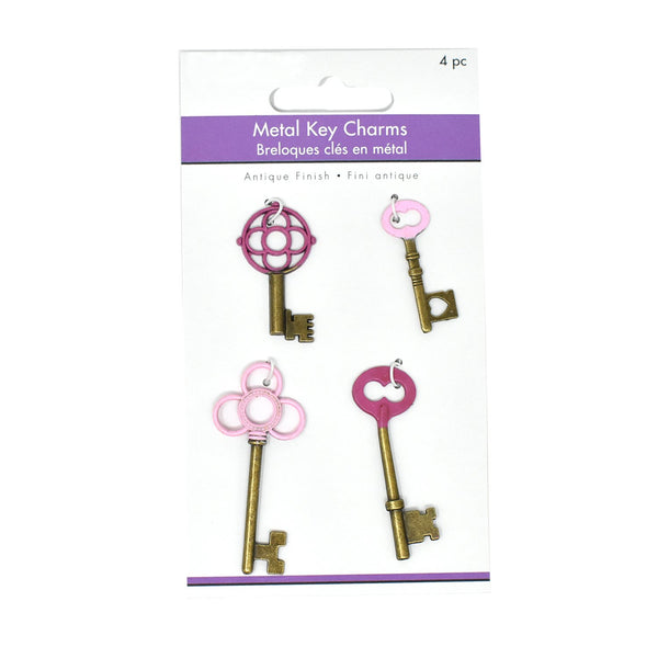 Antique Finish Metal Skeleton Key Charms, 4-Piece, Pink