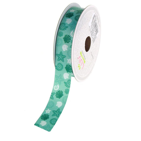 Starfish and Seashells Grosgrain Ribbon, 7/8-Inch, 10 Yards, Aqua