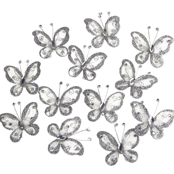 Organza Nylon Glitter Butterflies, 2-inch, 12-Piece, Silver