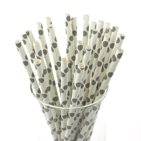 Large Dots Paper Straws, 7-3/4-inch, 25-Piece, Silver/White