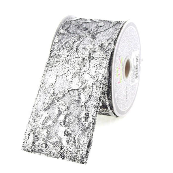 Metallic Floral Lace Trim Ribbon, 2-1/2, 10-yard, Silver