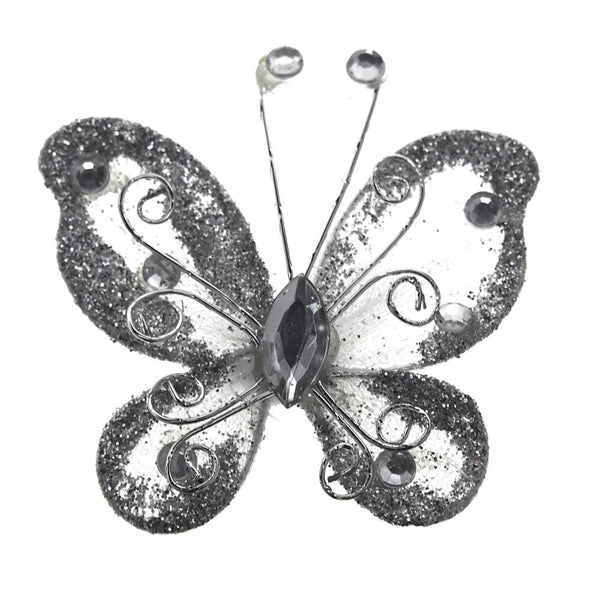 Organza Nylon Glitter Butterflies, 3-inch, 12-Piece, Silver