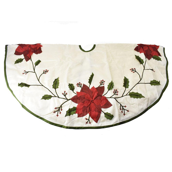Ivory Poinsettia Pattern Christmas Tree Skirt, 54-Inch