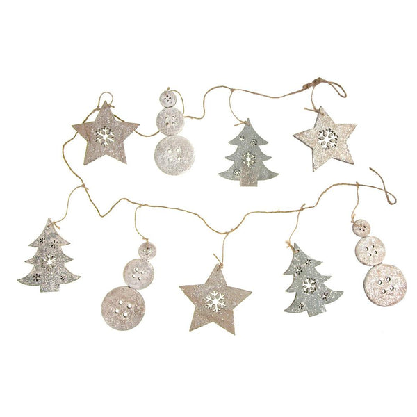 Wooden Christmas Snowman Tree and Star Garland with Glitter, Green/Natural, 59-Inch