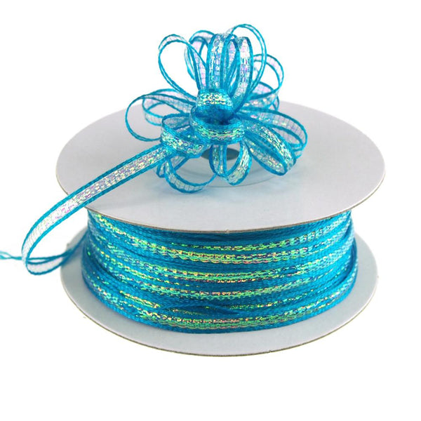 Iridescent Pull Bow Christmas Ribbon, 1/8-Inch, 50 Yards, Turquoise