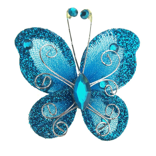 Organza Nylon Glitter Butterflies, 3-inch, 12-Piece, Turquoise