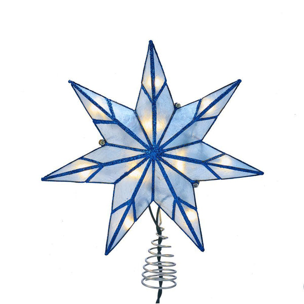Glittered Edge 7-Point Capiz Star Christmas Tree Topper, Blue, 9-Inch