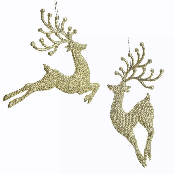 Glitter Embossed Champagne Gold  Reindeer Ornaments, 7-Inch, 2-Piece