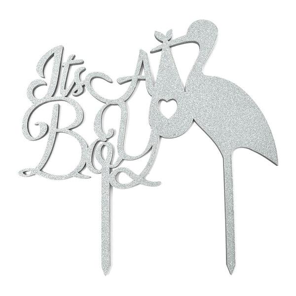 It's A Boy Baby Shower Glitter Cake Topper, 6-1/2-Inch, Silver