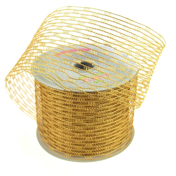 Stretch Netting Wired Mesh Ribbon, 2-1/2-Inch, 10 Yards, Antique Gold