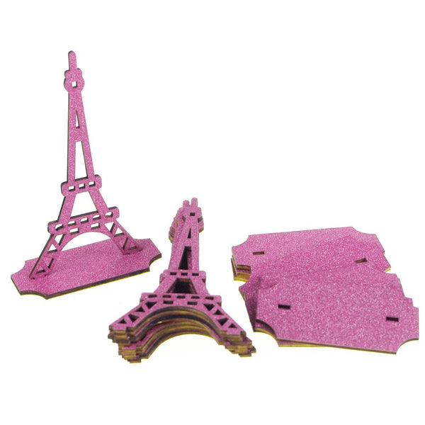 Wooden Eiffel Tower Stand with Glitters, 5-Inch, 10-Piece, Fuchsia