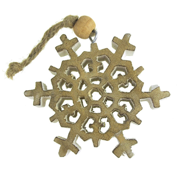 Wooden Stellar Dendrite Snowflake Christmas Tree Ornament, White Wash, 4-Inch