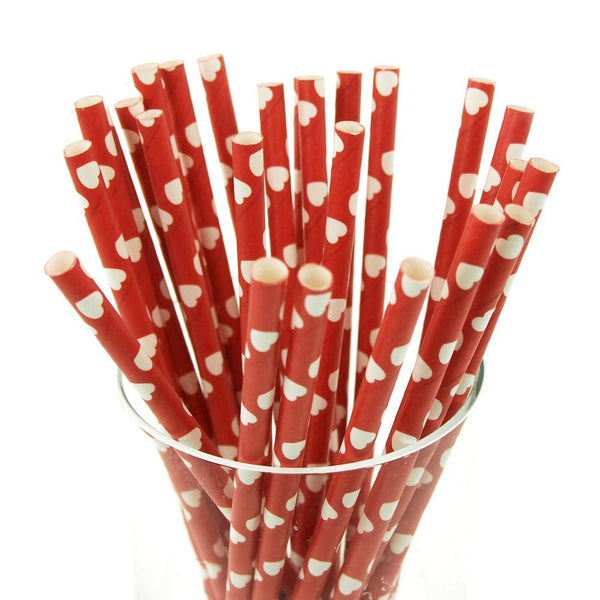 Heart Paper Straws, 7-3/4-inch, 25-Piece, White/Red