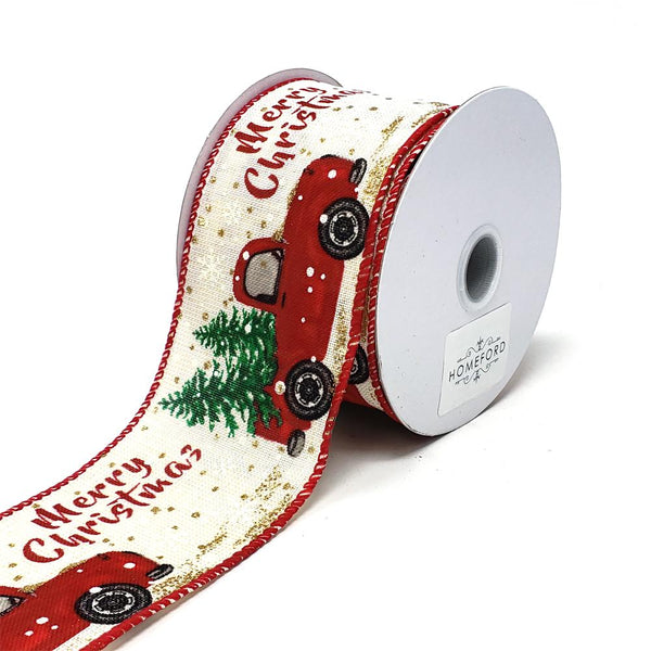 "Merry Christmas" Red Truck Linen Ribbon, 2-1/2-Inch, 10-Yard, Ivory
