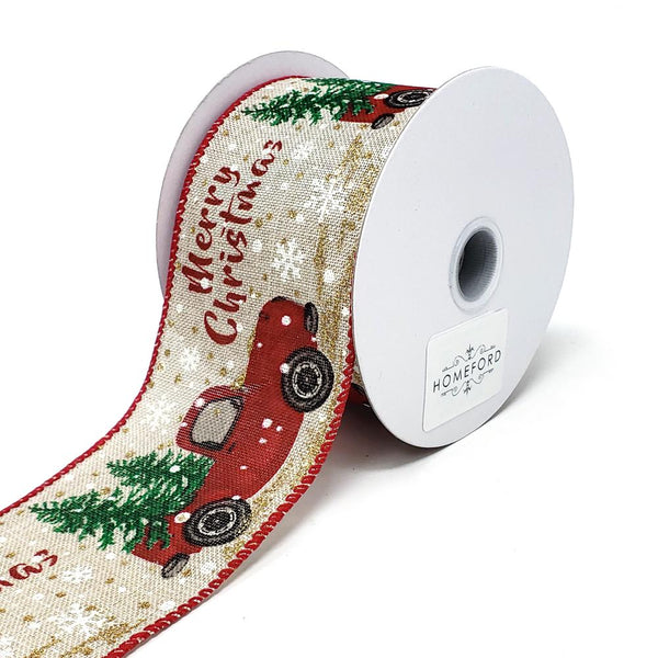 "Merry Christmas" Red Truck Linen Ribbon, 2-1/2-Inch, 10-Yard, Natural