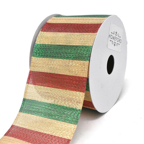 Shiny Metallic Stripes Wired Ribbon, Gold/Red/Green, 2-1/2-Inch, 10-Yard
