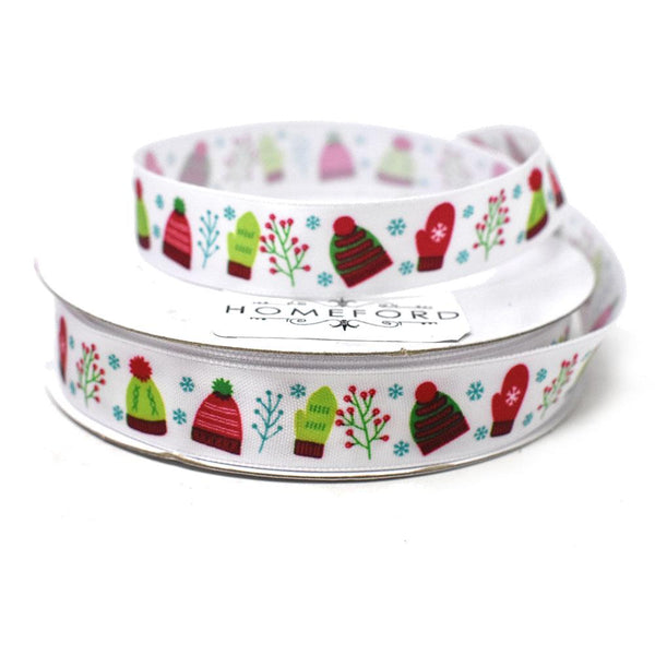 Warm Mittens & Hats Satin Christmas Ribbon, White, 5/8-Inch, 25-Yard