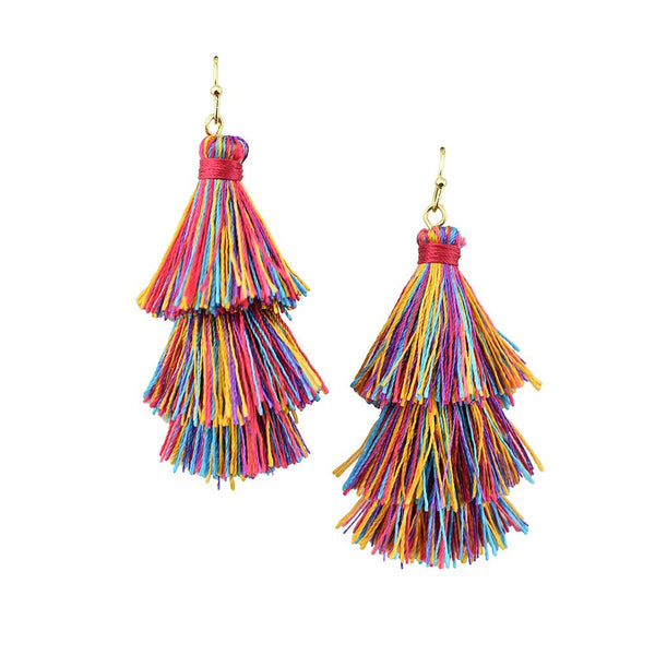Three Layer Tassel Earrings, Multicolor, 2-1/4-Inch