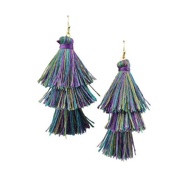 Three Layer Tassel Earrings, Peacock, 2-1/4-Inch