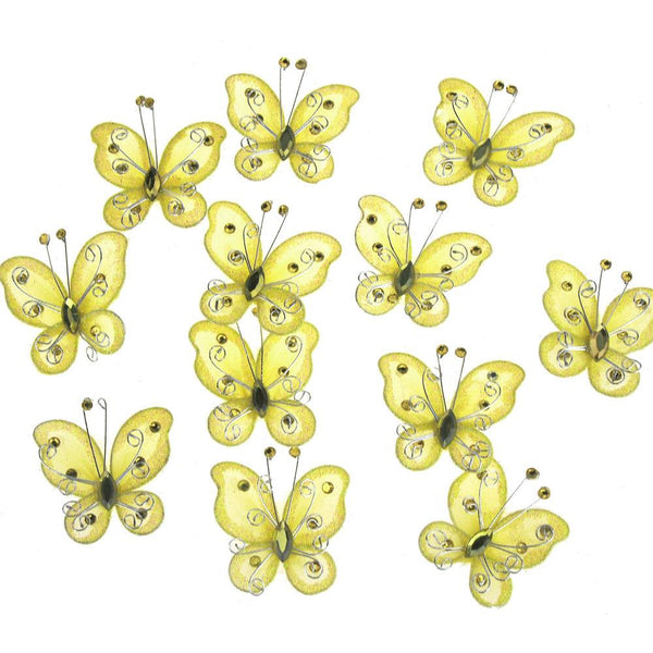Organza Nylon Glitter Butterflies, 2-inch, 12-Piece, Yellow