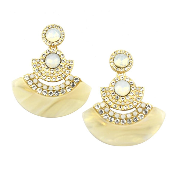 Resin Fan Drop Earrings with Stone, Ivory, 2-Inch