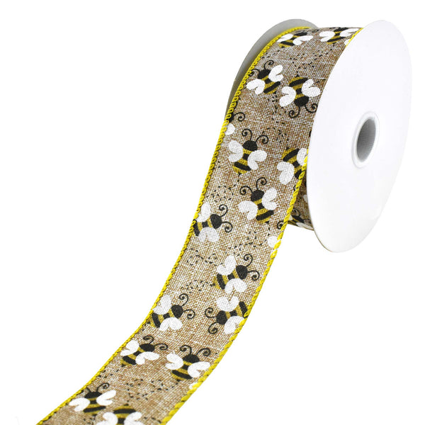 Buzzing Bees Printed Faux Linen Wired Ribbon, 1-1/2-Inch, 10-Yard