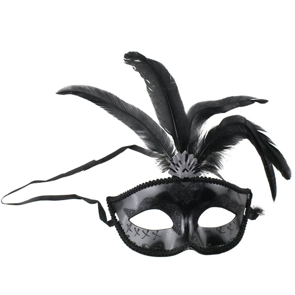 Fancy Feather Masquerade Mask, 7-Inch x 3-1/4-Inch - Black