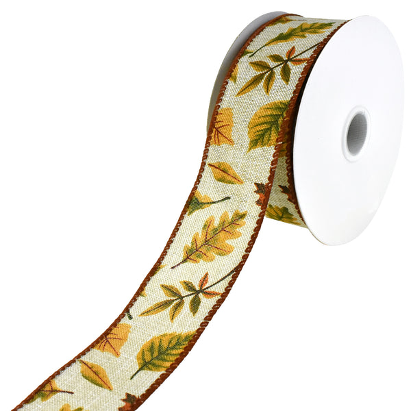 Autumn Falling Leaves Faux Linen Wired Ribbon, 1-1/2-Inch, 10-Yard