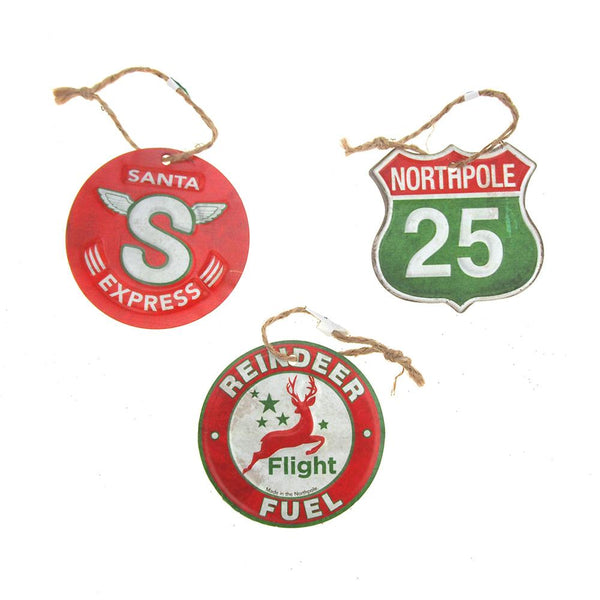 Vintage Style Hanging Metal Road Signs Christmas Tree Ornament, Red/Green, 3-1/4-Inch, 3-Piece