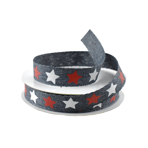Patriotic Stars Faux Denim Ribbon, 5/8-Inch, 10-Yard
