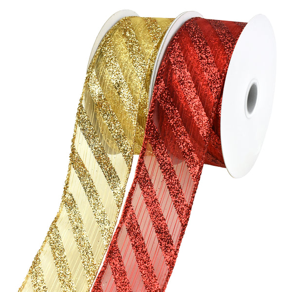 Christmas Metallic Stripe and Glitter Candy Cane Wired Ribbon, 1-1/2-Inch, 10-Yard