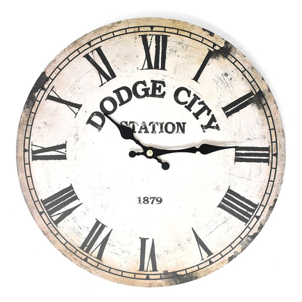 Distressed Dodge City Station Wall Clock, Beige, 11-3/4-Inch
